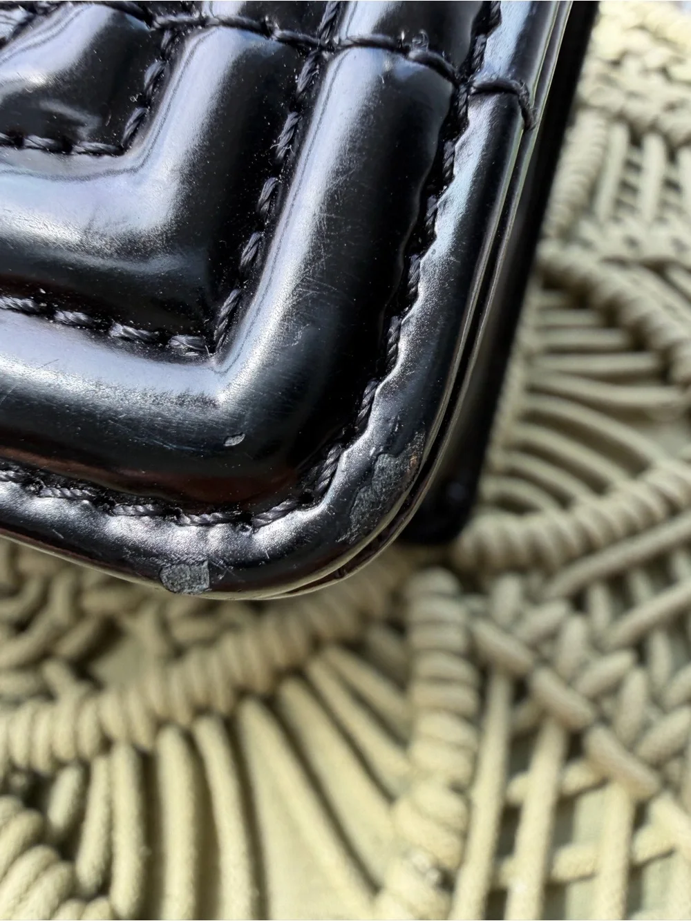 CHANEL Black Patent Satchel with Silver-Tone Chain